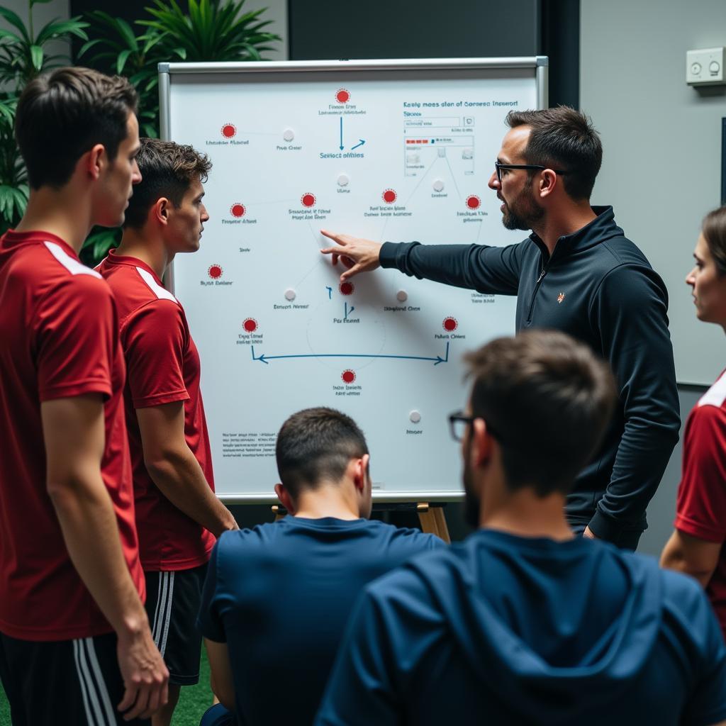 Football coach explaining strategy using a tactics board