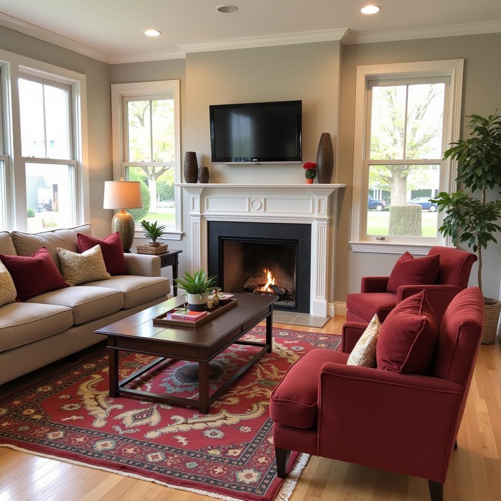 A living room decorated with USC-themed pillows, throws, and wall art