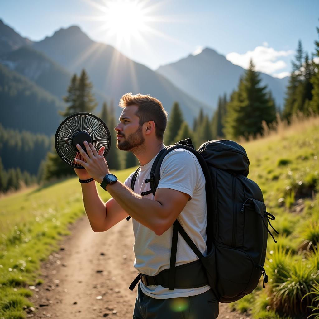 Man holding a lileng portable fan while hiking