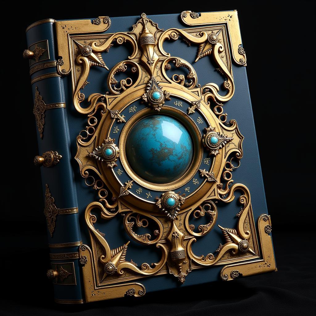 The Vanitas grimoire, a large, ornate book with glowing blue eyes, lies open, revealing its intricate gears and mechanisms.