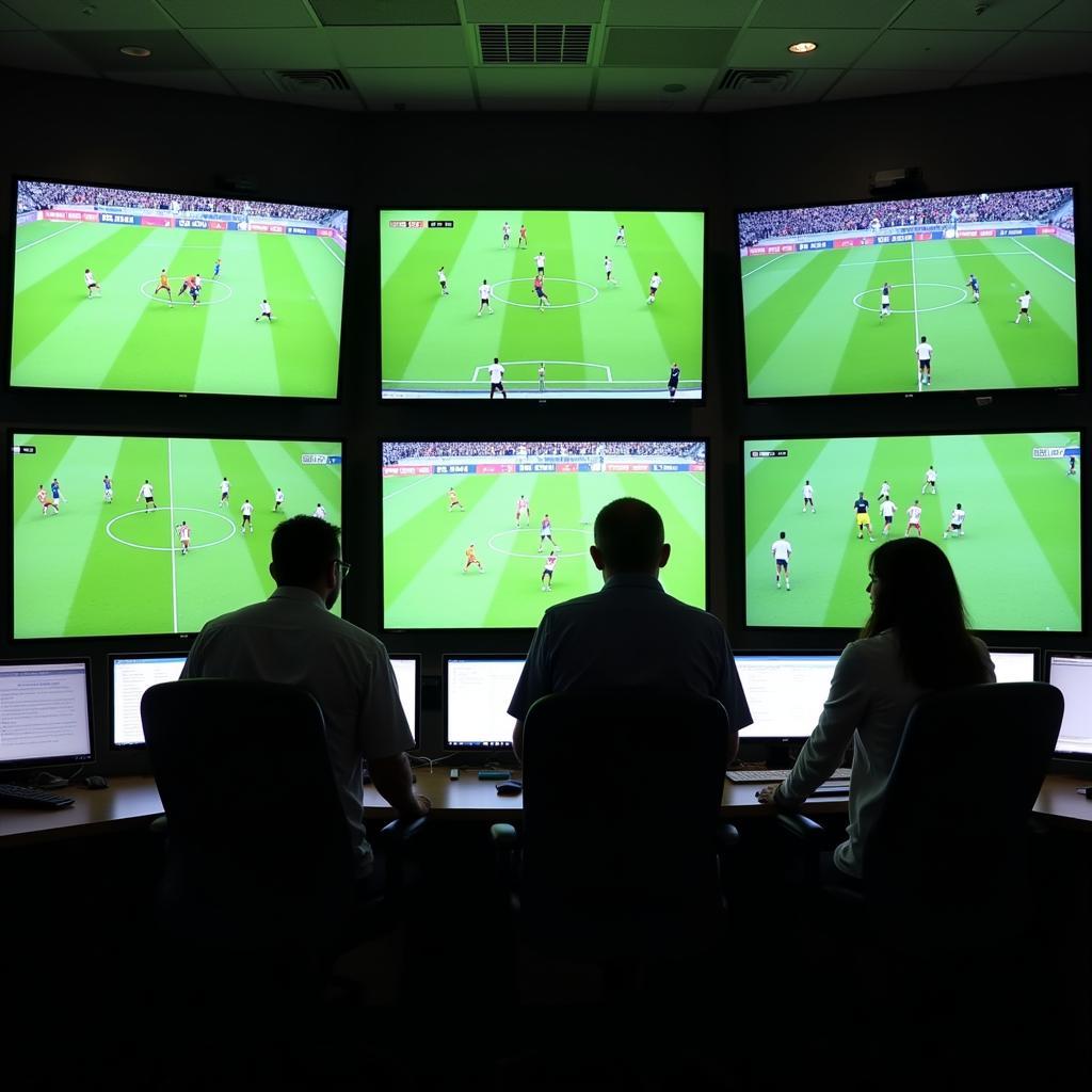 VAR officials reviewing a potential diving incident in a football match