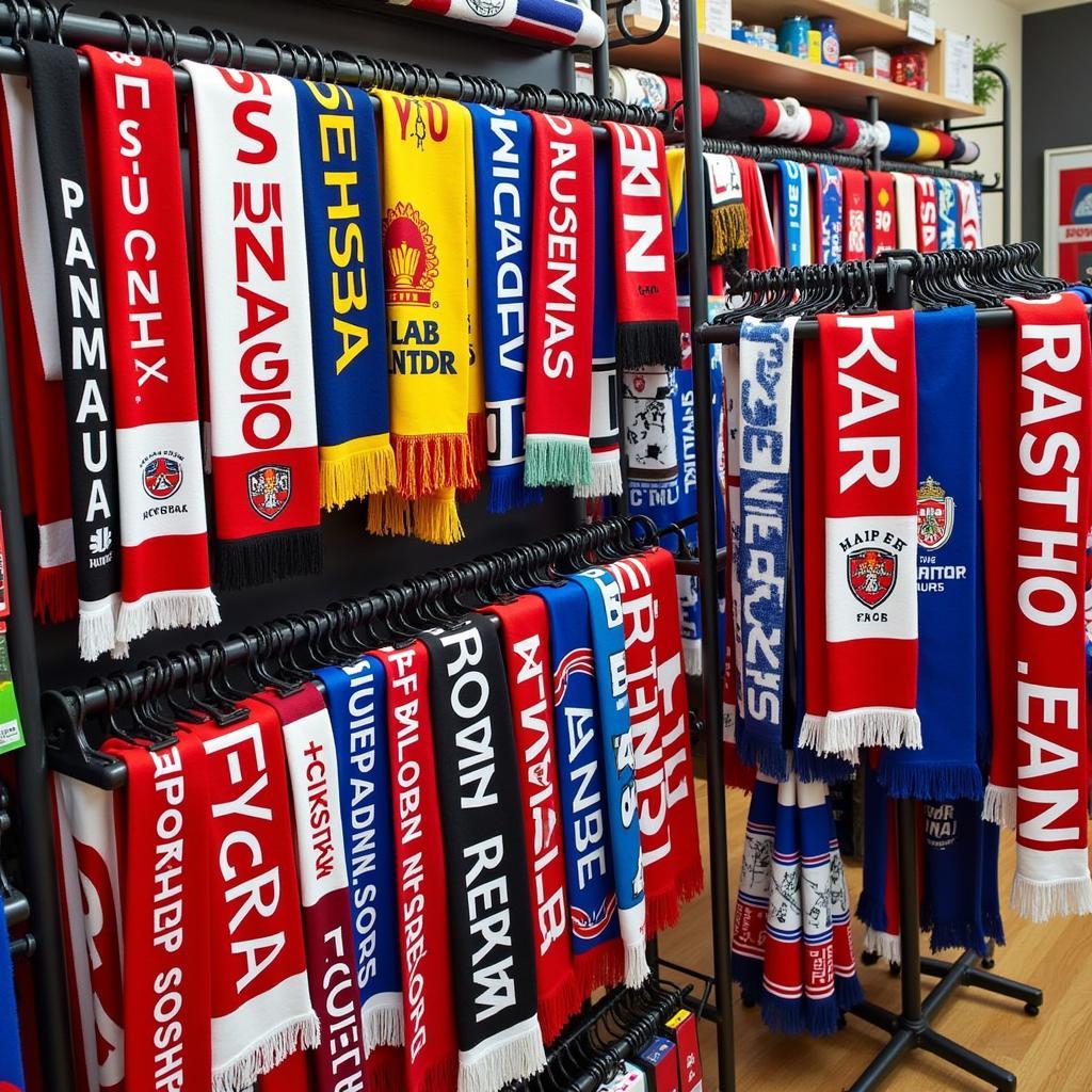 A wide variety of football scarves displayed in a Polish fan shop