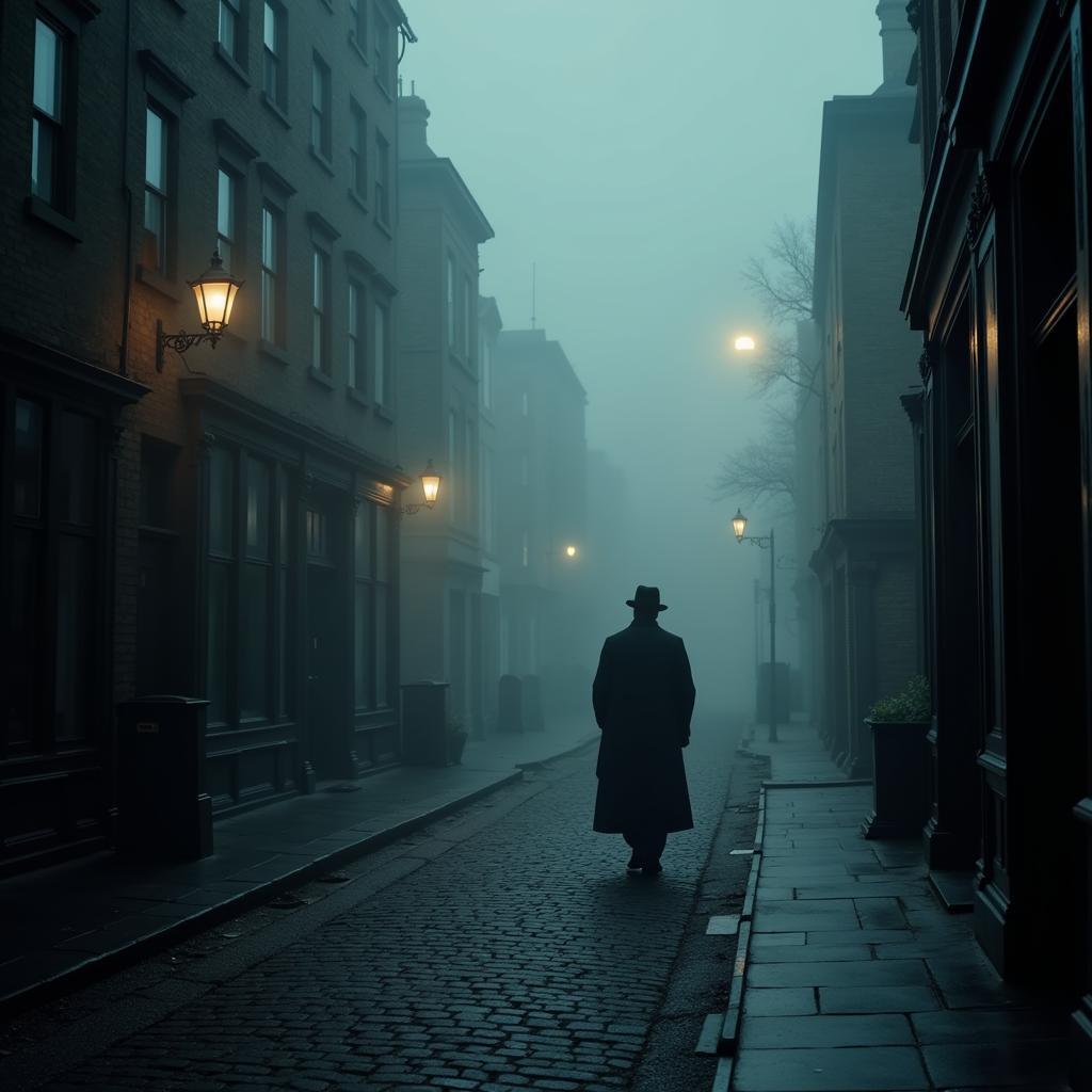 A foggy street in Victorian London with a lone figure in the distance