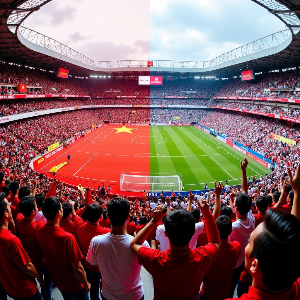 Vietnam Thailand football rivalry: Fans from both sides cheering in a stadium