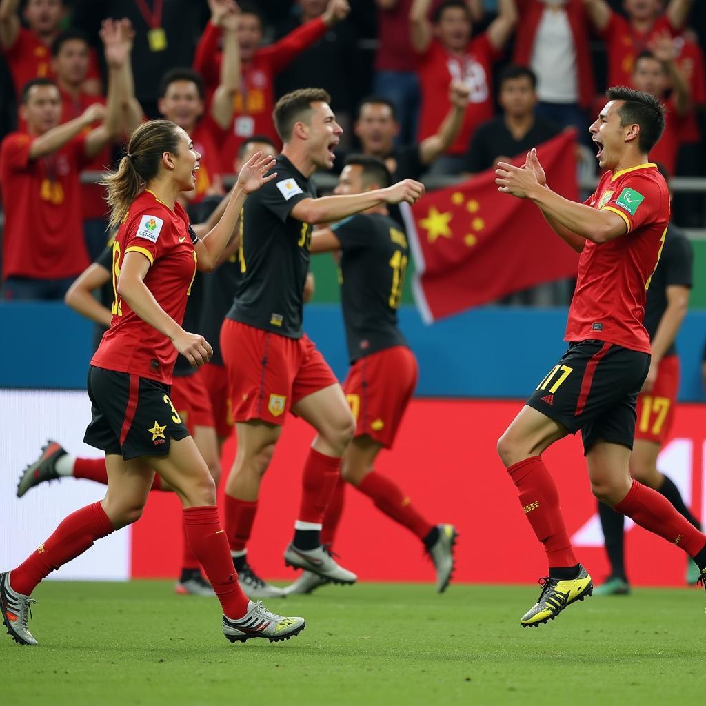 Vietnam U23 players celebrating a goal with Chinese fans visible in the background.