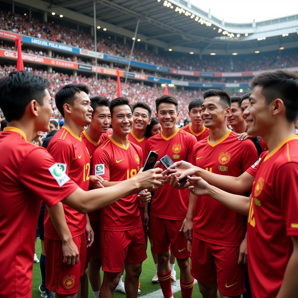 Vietnam U23 players interacting with Chinese fans after a match.