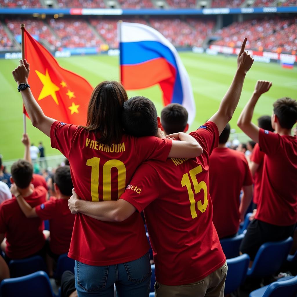 Vietnamese and Russian fans celebrate together during a football match, highlighting the unifying power of the sport.