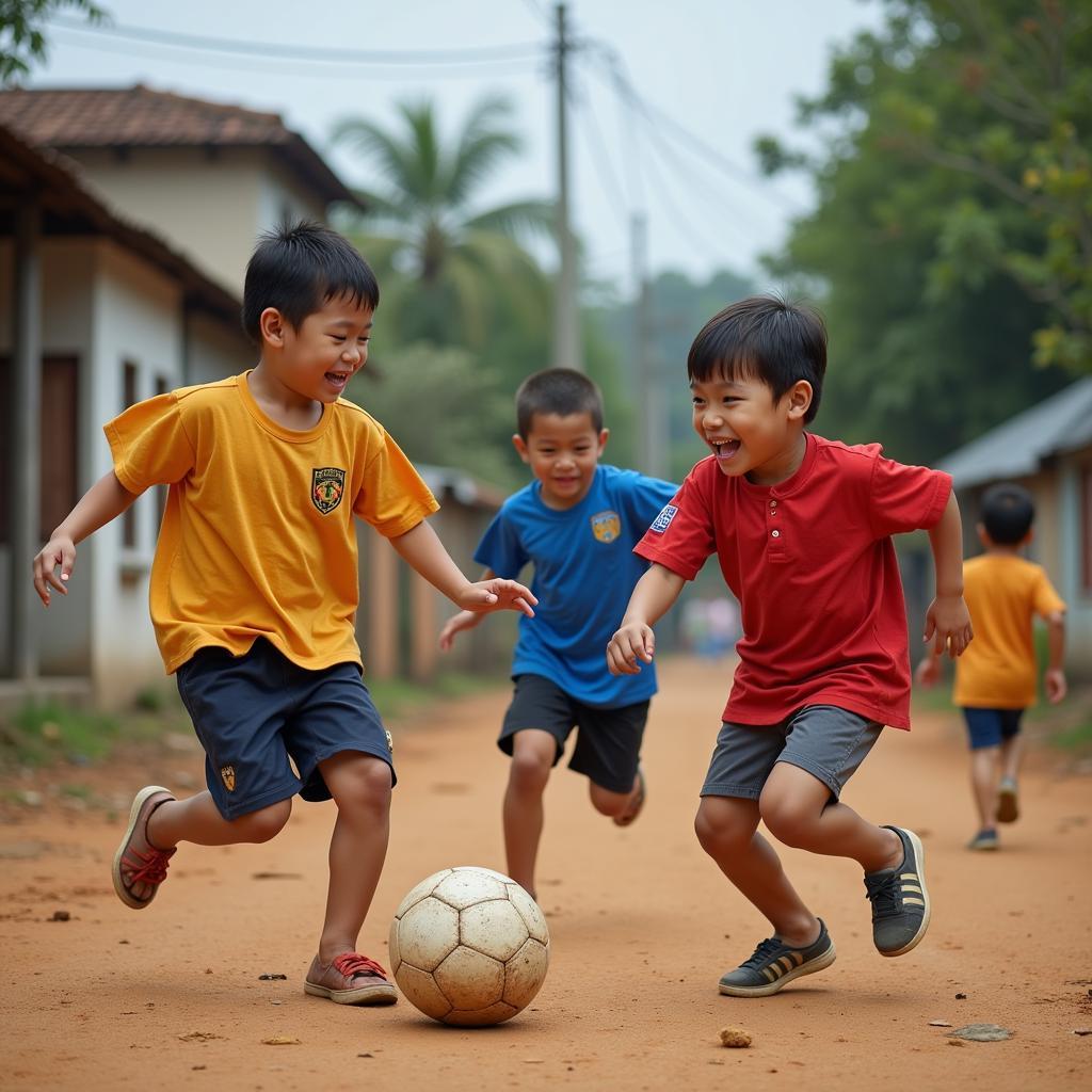 Vietnamese children playing street football