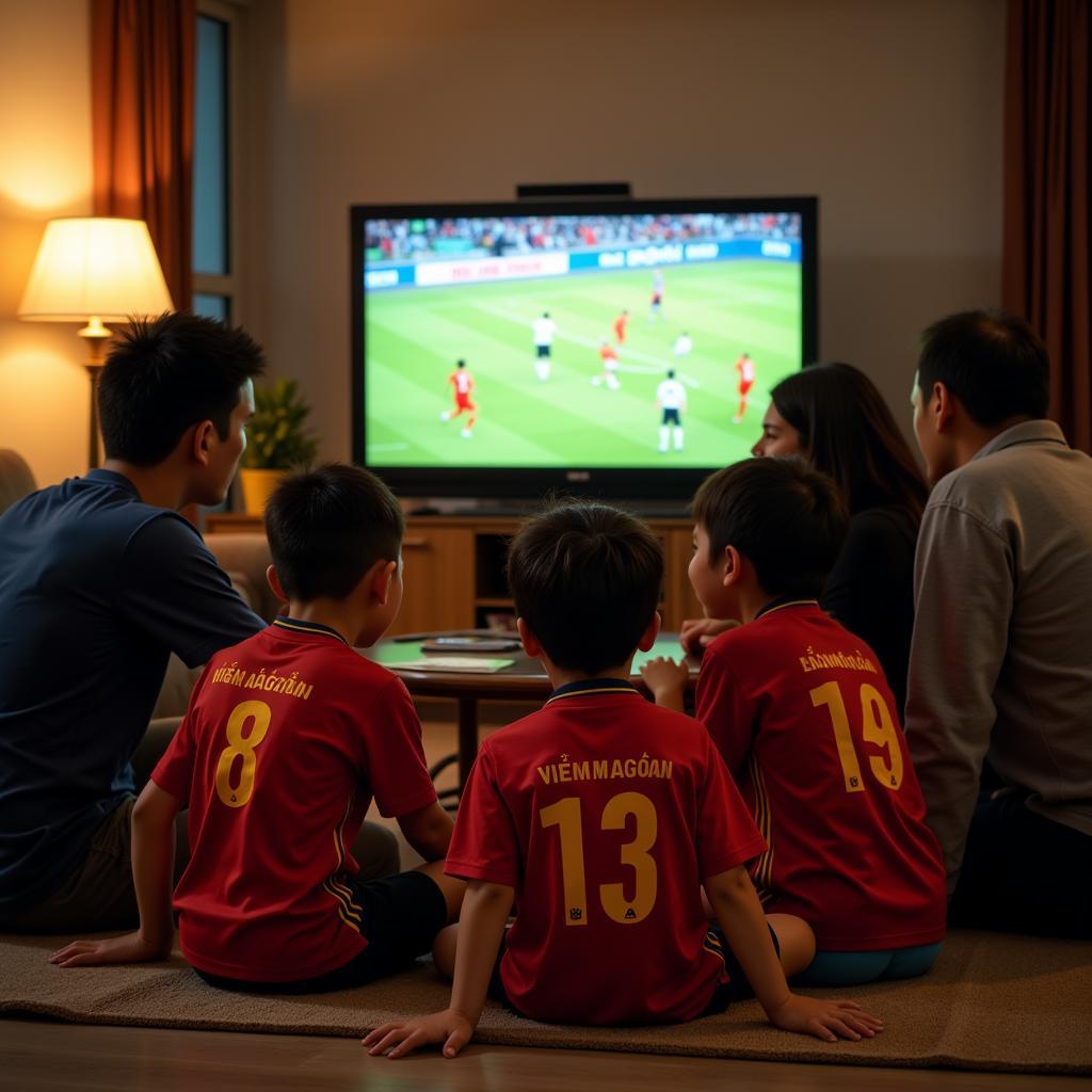 Vietnamese family watching a football match together