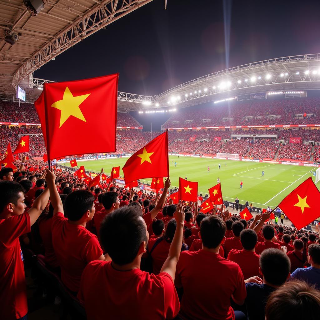 Vietnamese Football Fans Cheering in a Packed Stadium