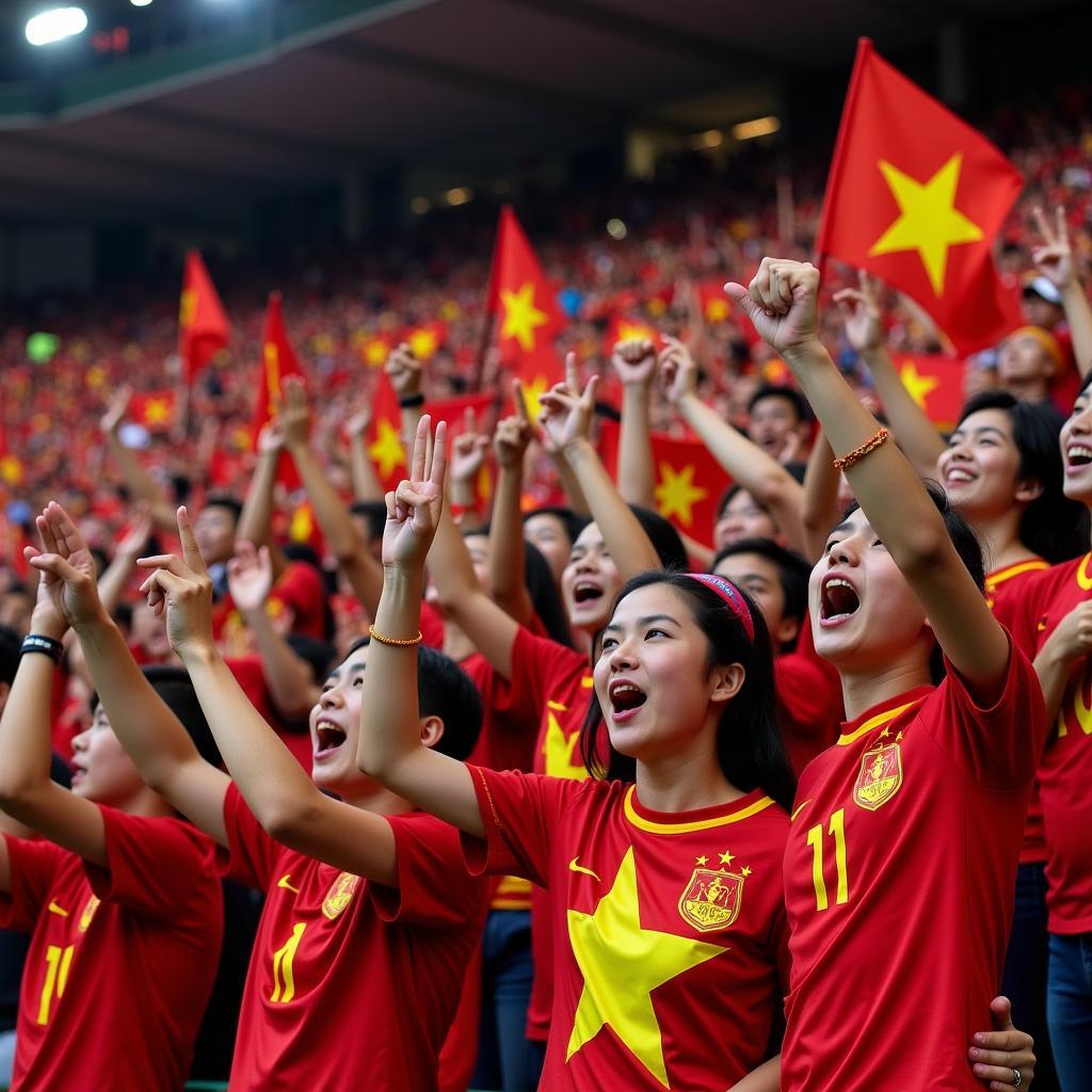 Vietnamese fans passionately cheering for their U19 team during a match