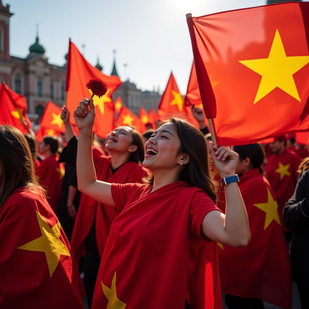 Vietnamese football fans gather in a Russian city square to celebrate a victory.