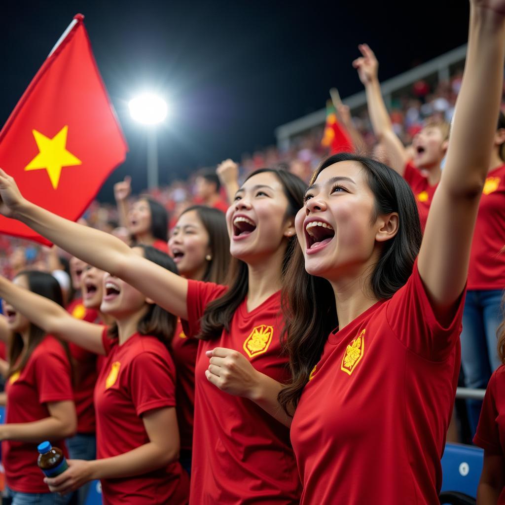 Vietnamese female fans cheering enthusiastically at a football match