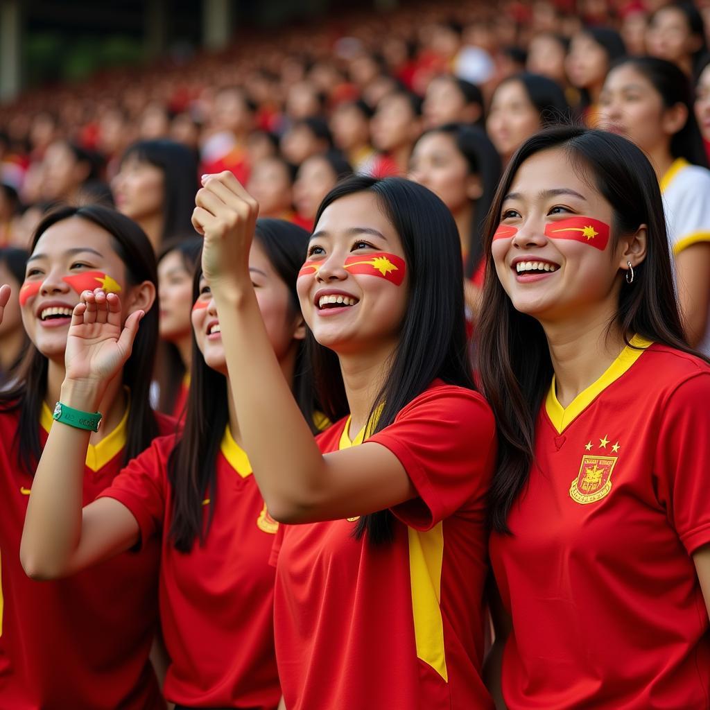 Vietnamese female fans celebrating in a packed stadium