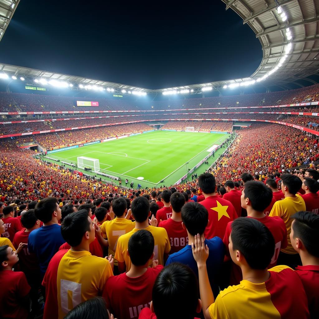 Vietnamese football fans cheering in a stadium