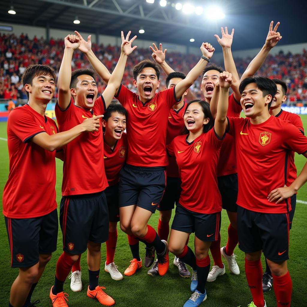 Group of Vietnamese football fans celebrating a victory