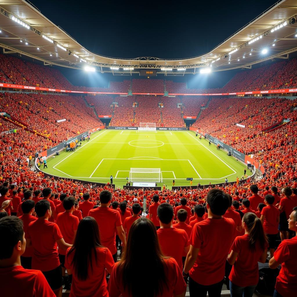 Vietnamese football fans cheering in a packed stadium