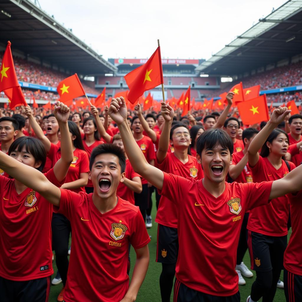 Vietnamese Football Fans Marching to Stadium