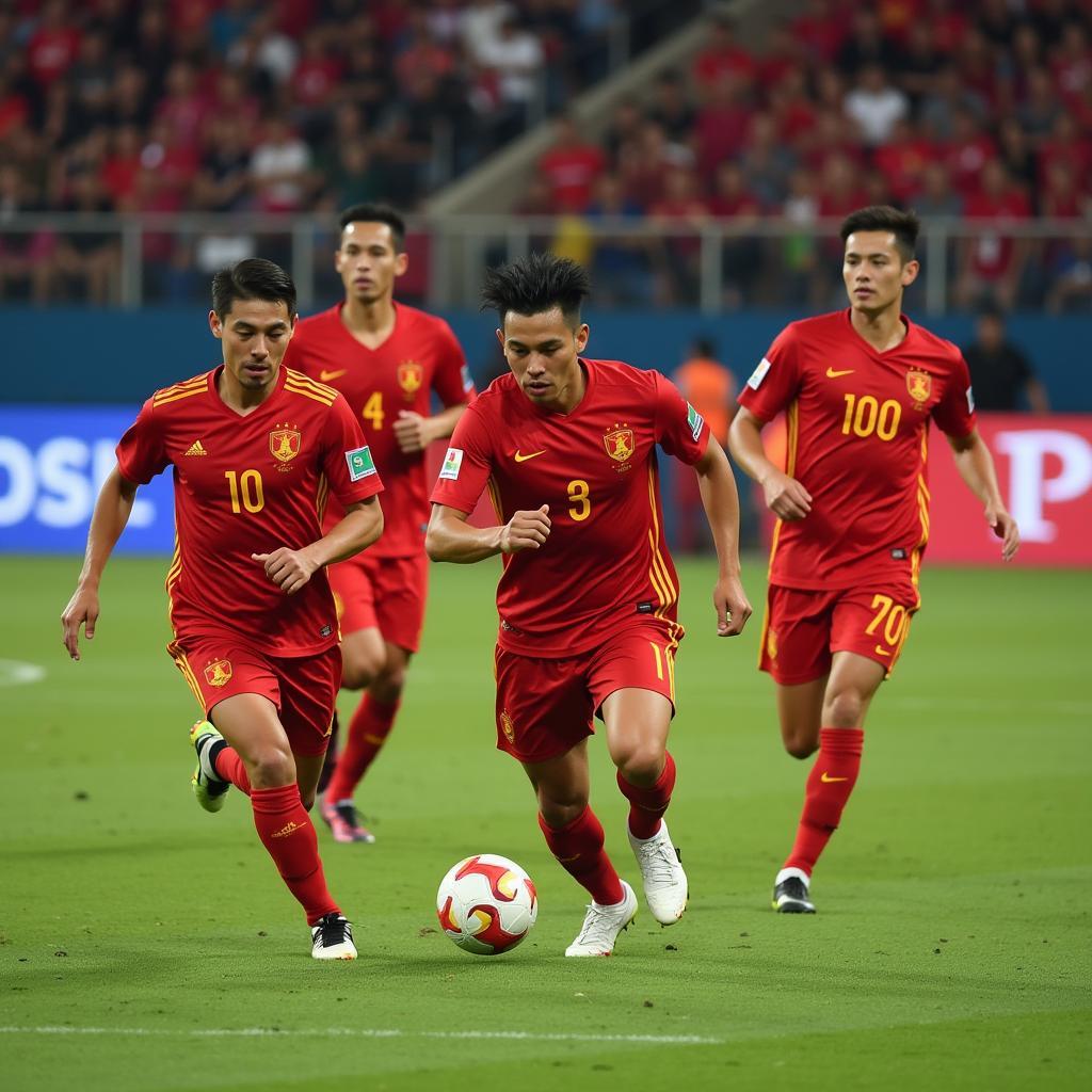 The Vietnamese national football team competing in a packed stadium