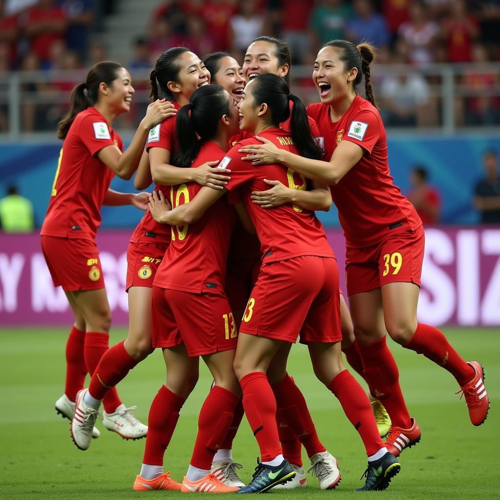 The Vietnamese women's national football team celebrating a victory