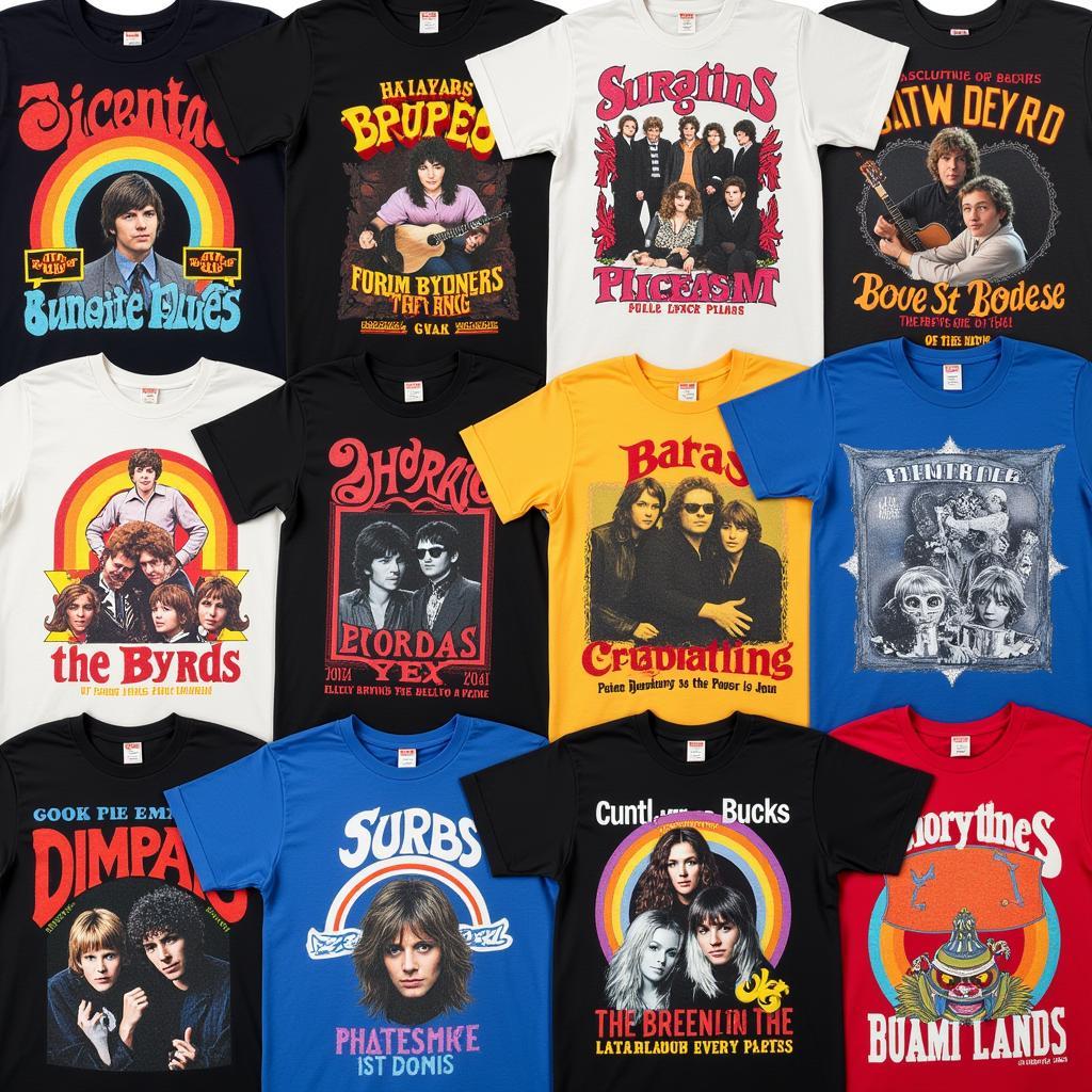 Collection of vintage Byrds shirts displayed on a wall