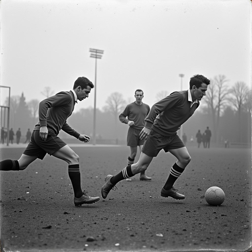 Black and white image of a historical football match