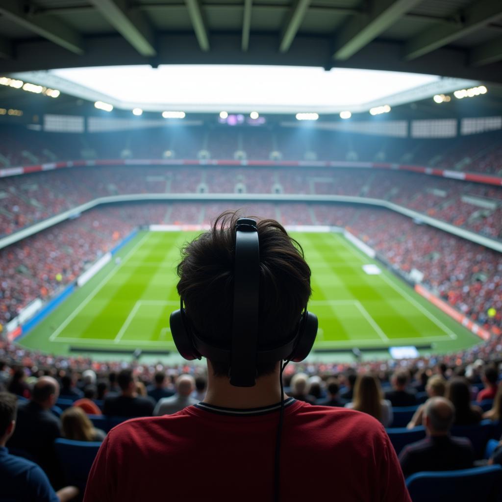 A person wearing a VR headset immersed in a virtual football stadium