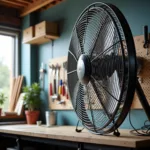 A heavy-duty wall-mounted fan providing powerful air circulation in a garage workshop.