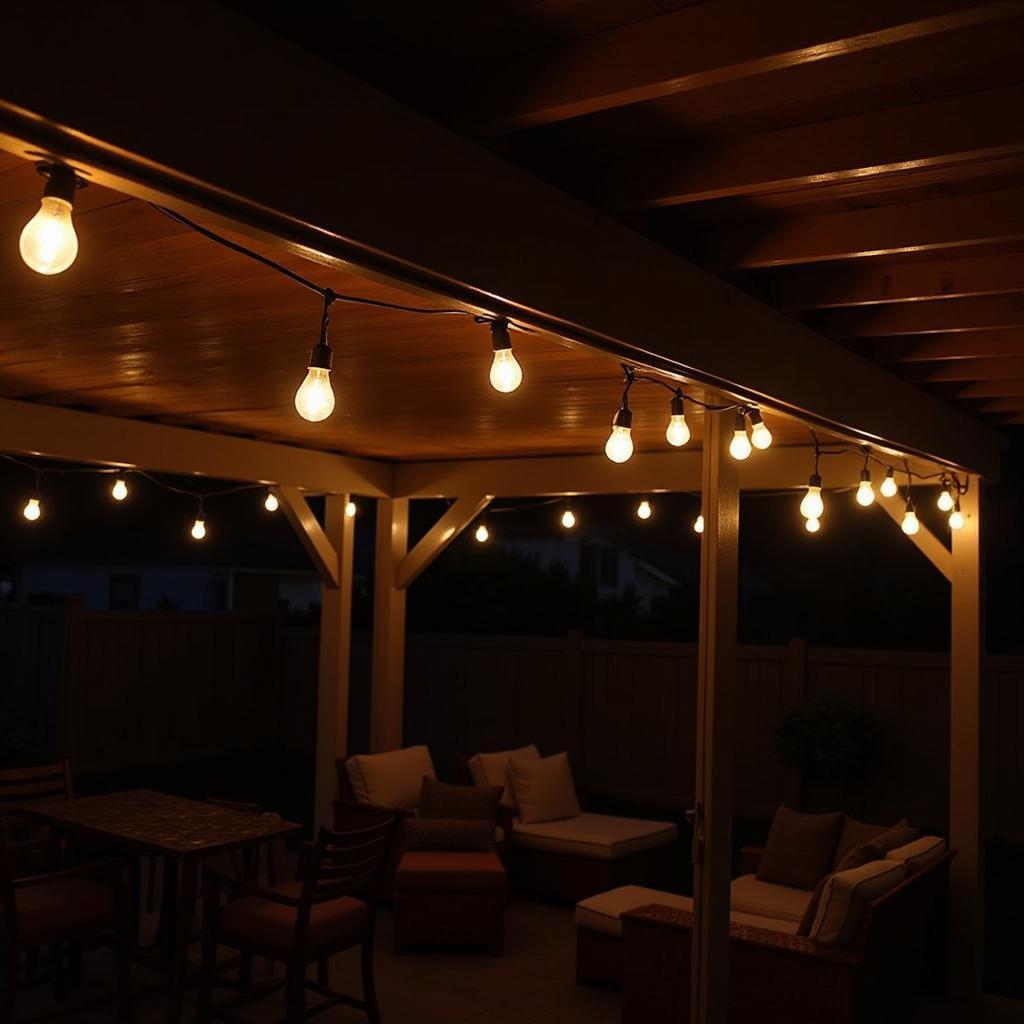 Warm LED string lights illuminating a patio