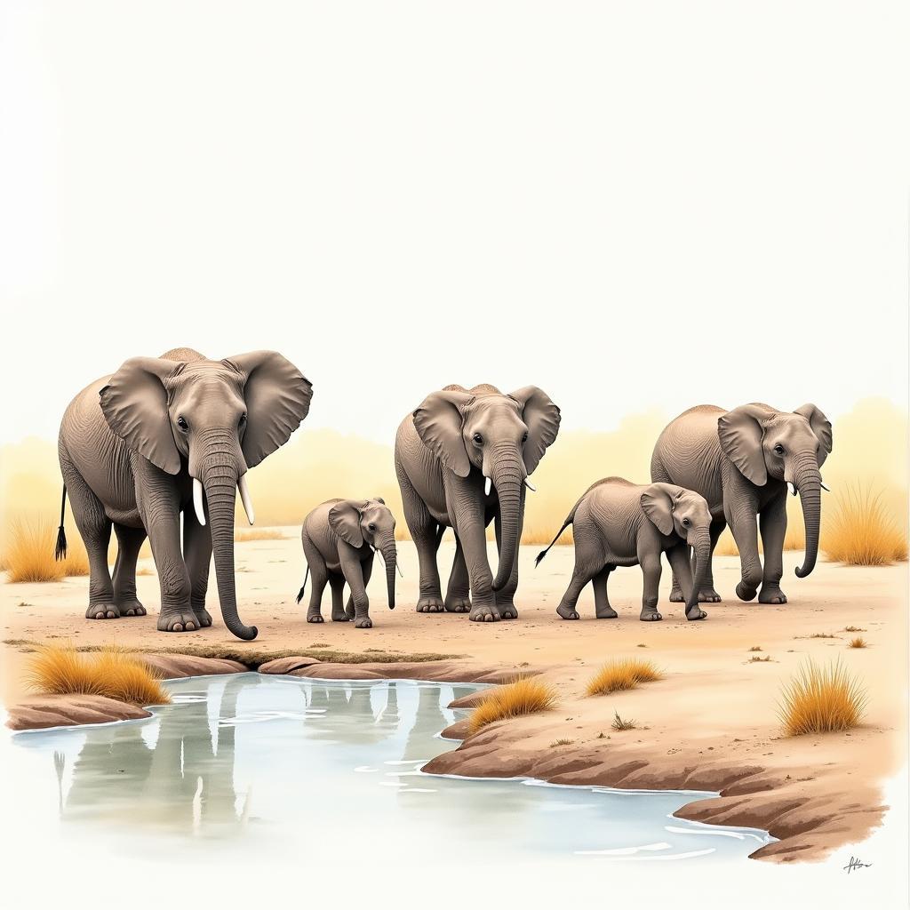 Watercolor painting of an elephant family