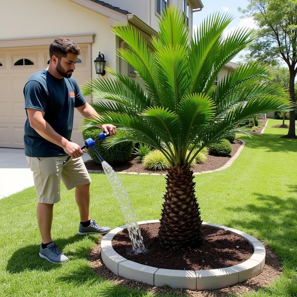 Properly watering a newly planted fan palm tree