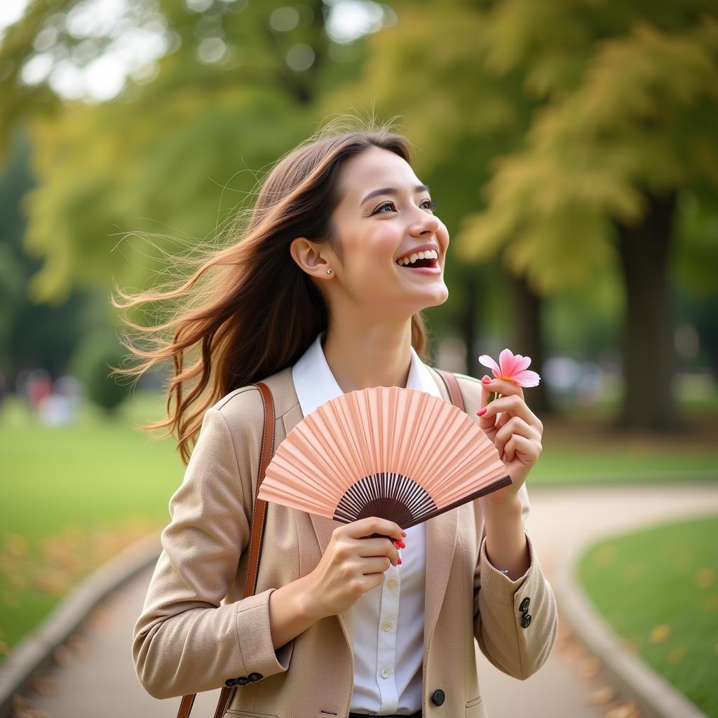 Woman Using a Fragrance Fan Outdoors