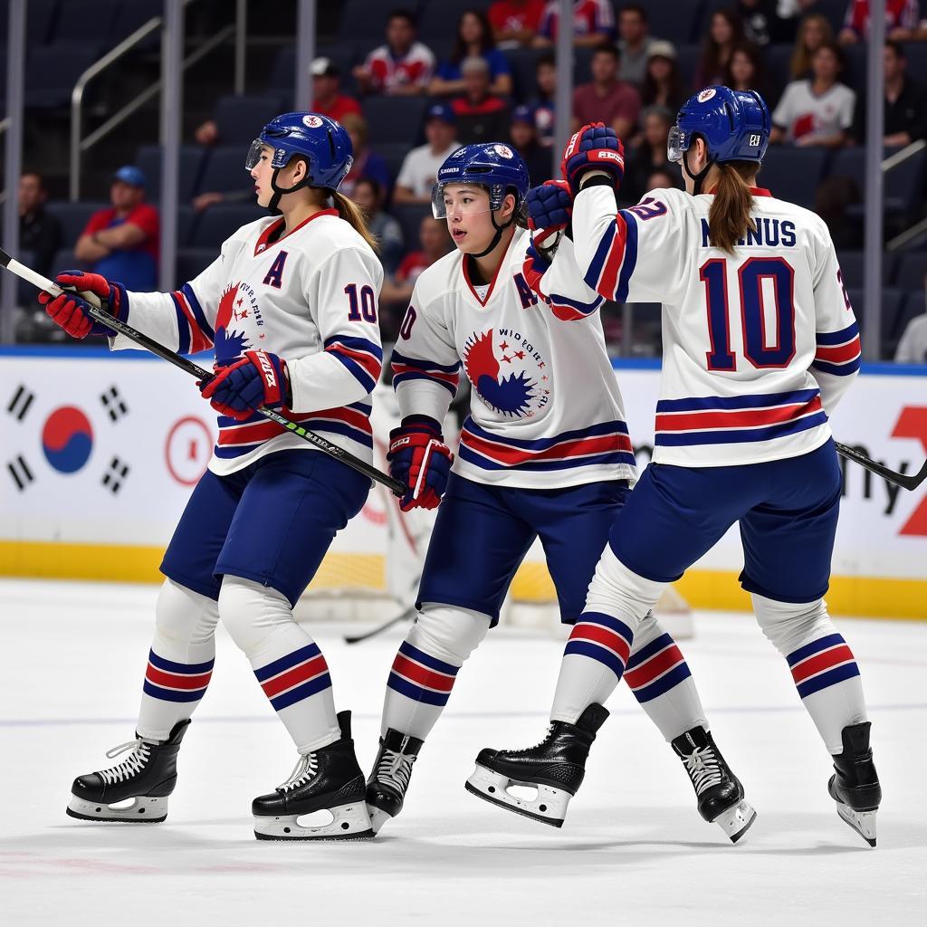 The unified Korean women's ice hockey team in action