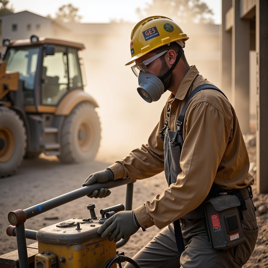 Worker wearing a protective mask in a dusty environment