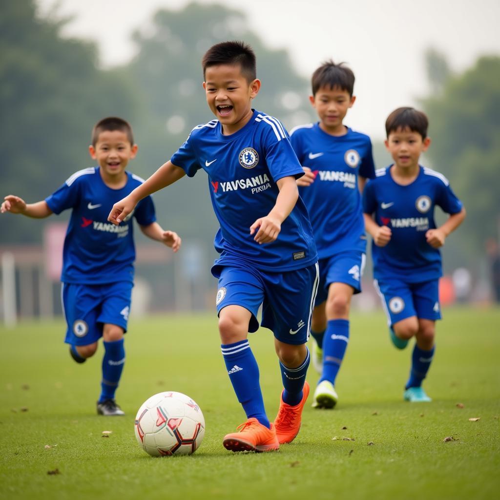 Young Chelsea fans playing football in Vietnam