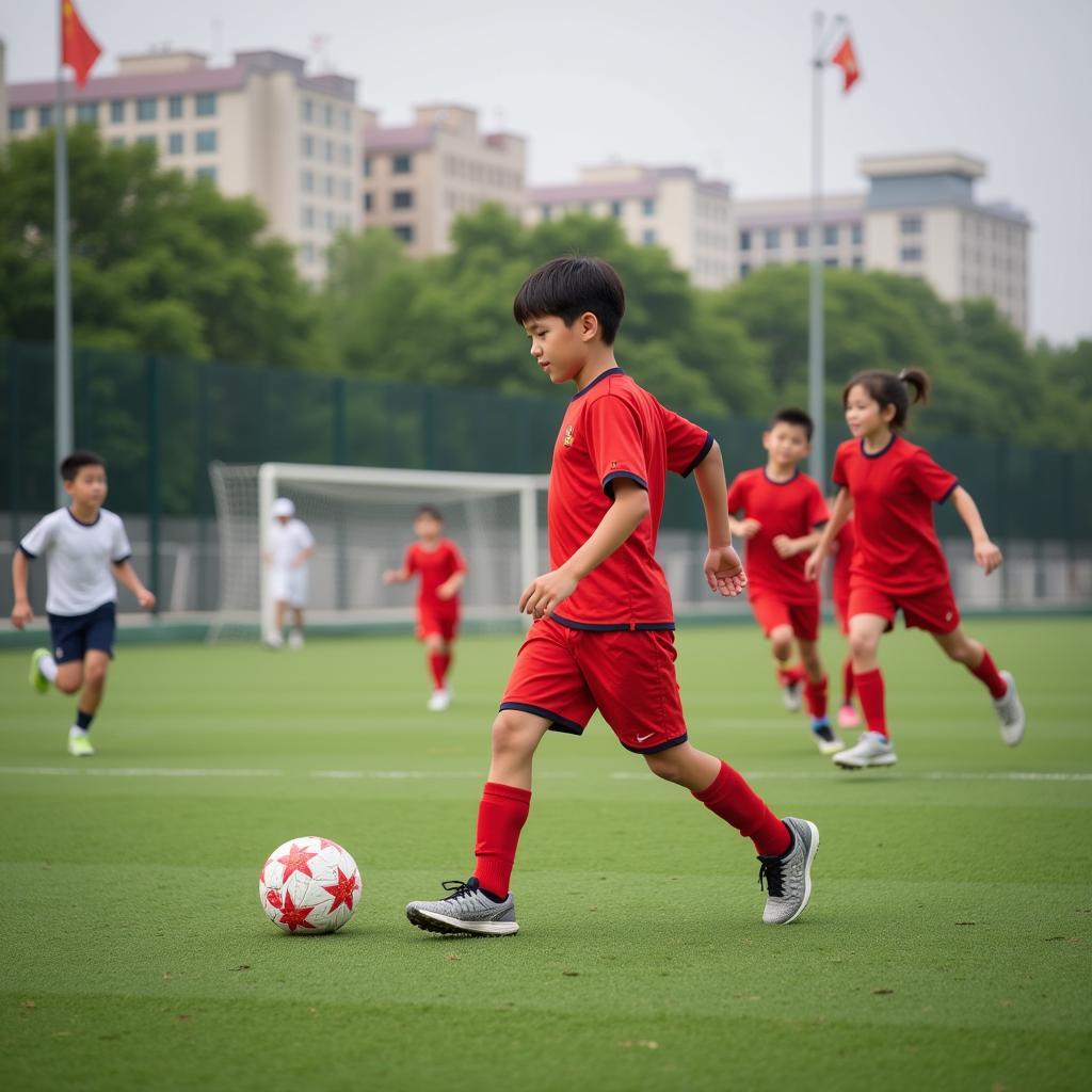 Young Chinese football players training