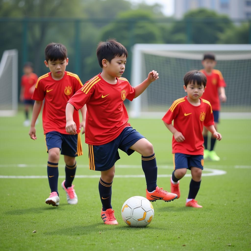 Young aspiring footballers training hard