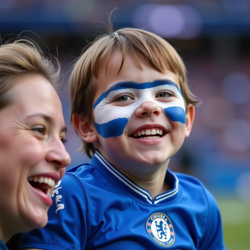 Young fan proudly wearing a blue jersey