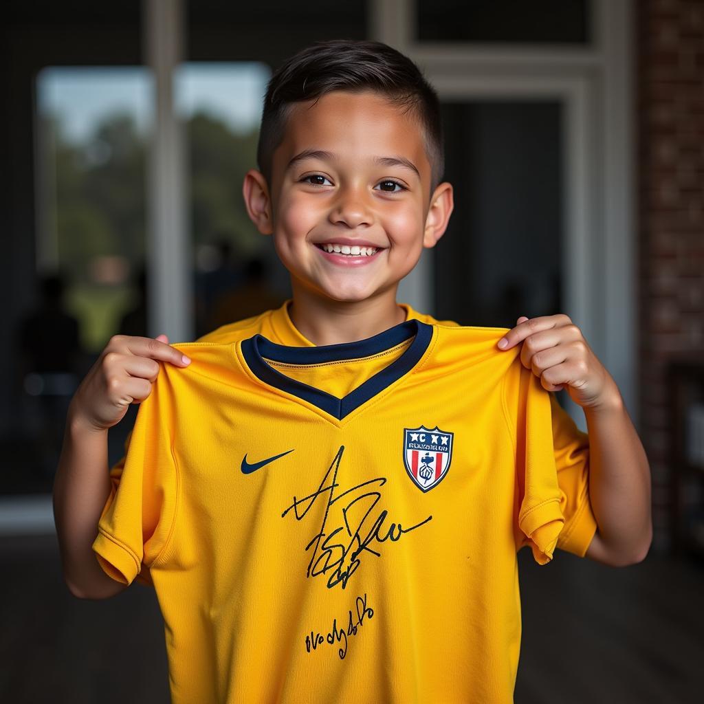 Young fan holding a signed jersey