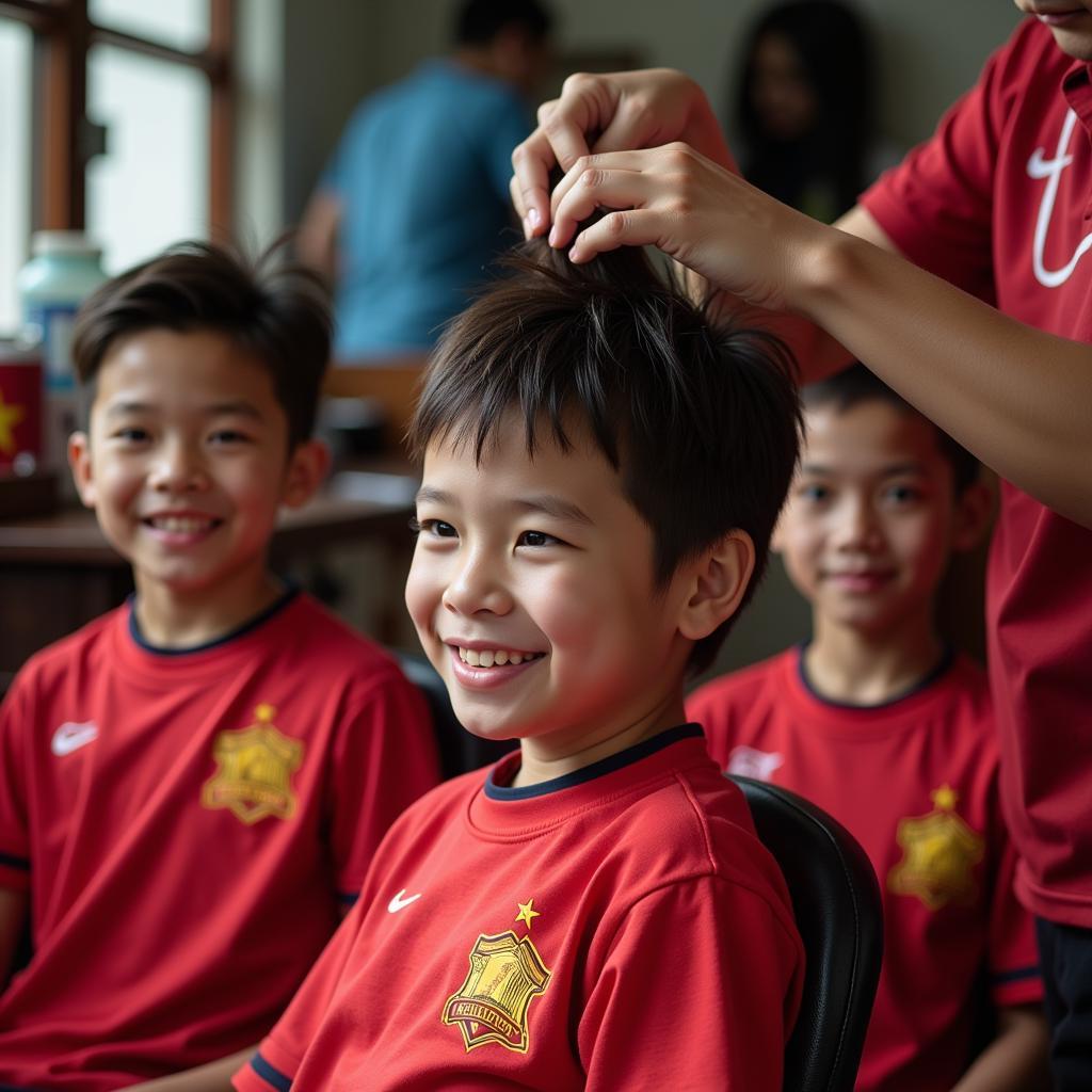 Young Vietnamese football fans getting haircuts