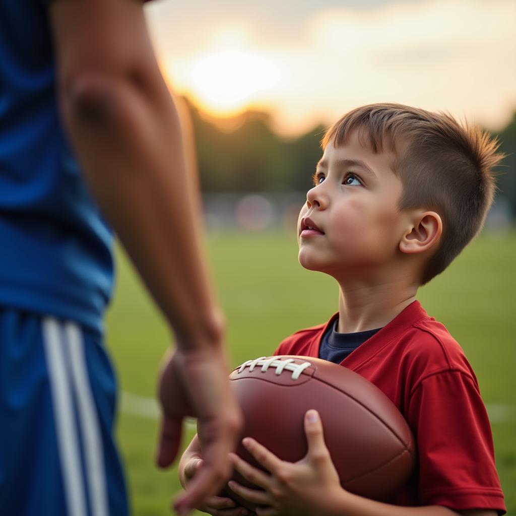 A young boy holding a football, looking up with admiration at a football player