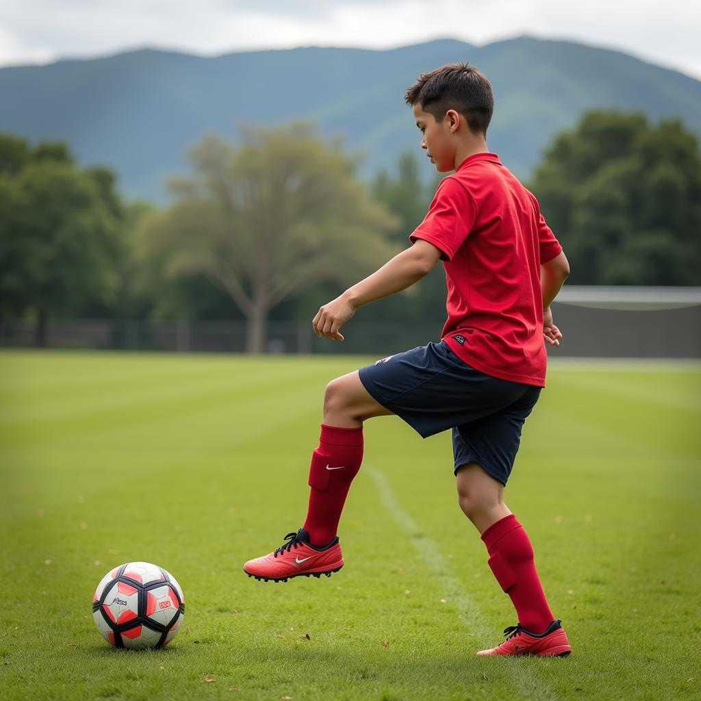 A young footballer practicing Cristiano Ronaldo's signature free-kick stance