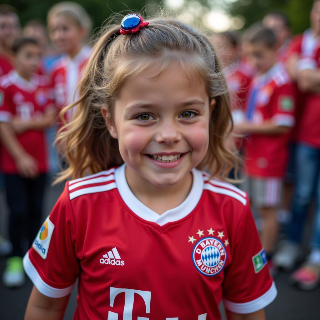 Young girl proudly wearing a Bayern Munich jersey