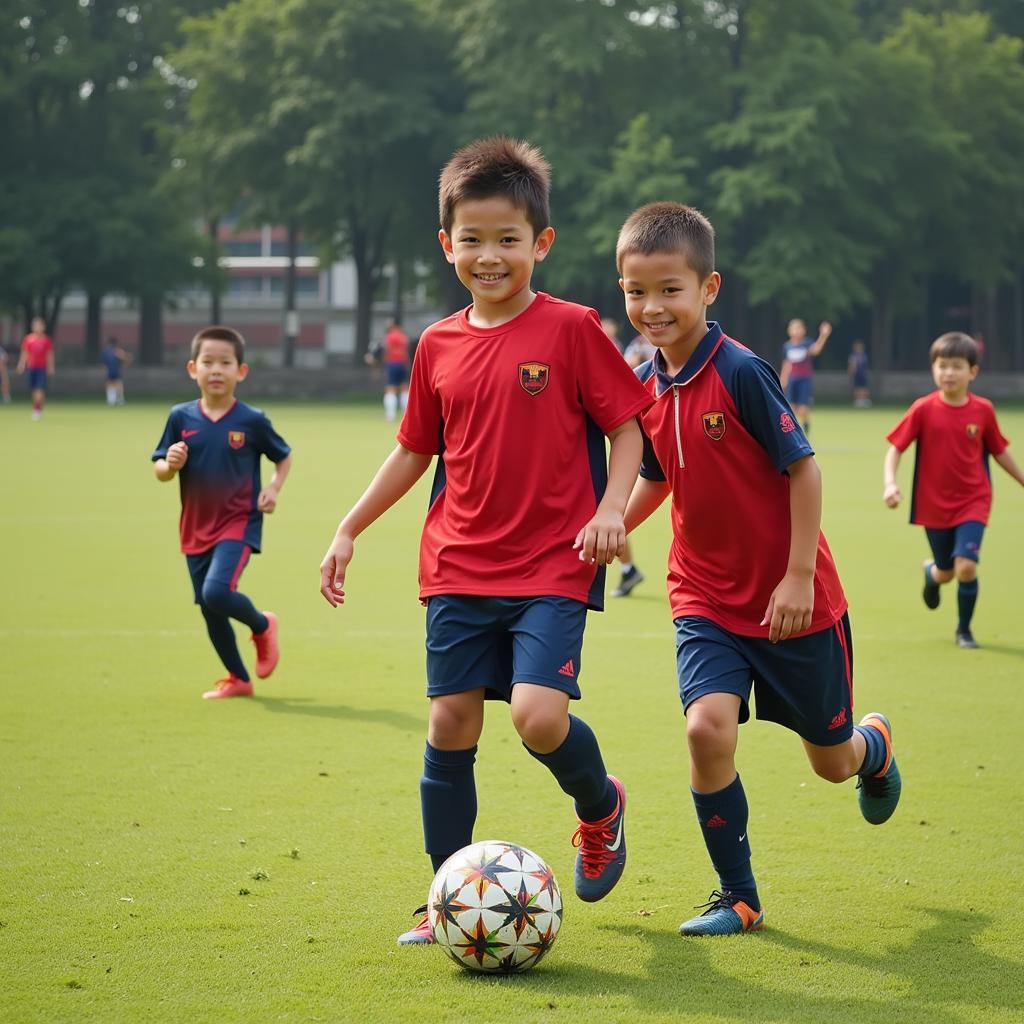 Young Thai children playing football at a local academy