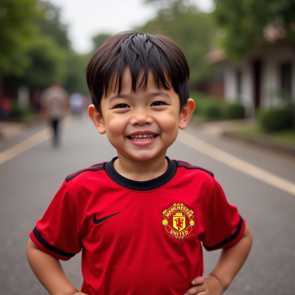 Young Vietnamese Fan Wearing a Manchester United Kit