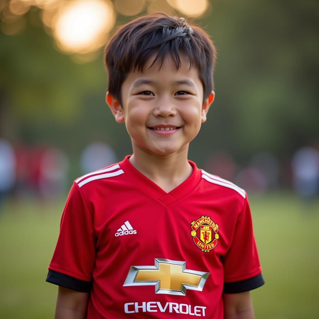 Young Vietnamese Fan Wearing a Manchester United Jersey