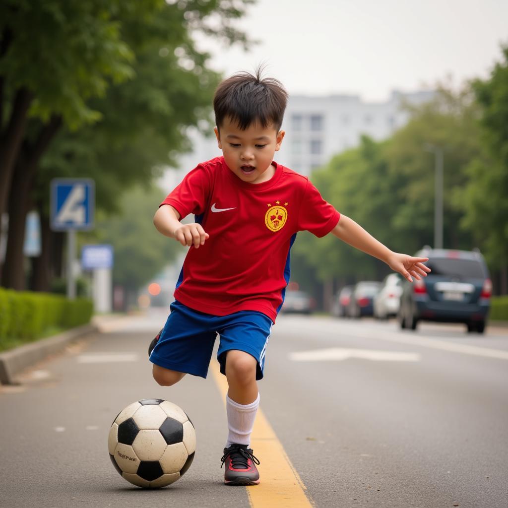 Young Vietnamese Football Fan Practicing in the Street