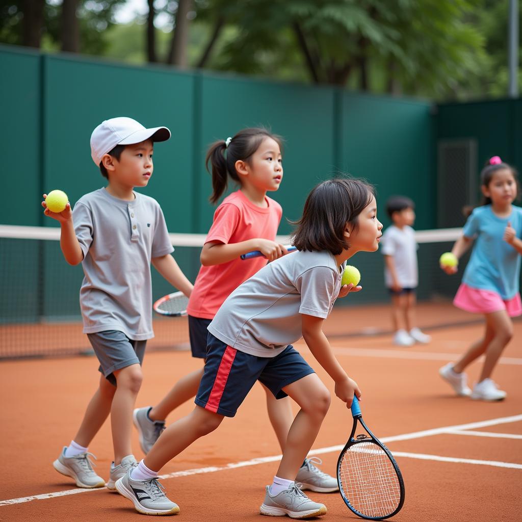 Young Vietnamese tennis players training