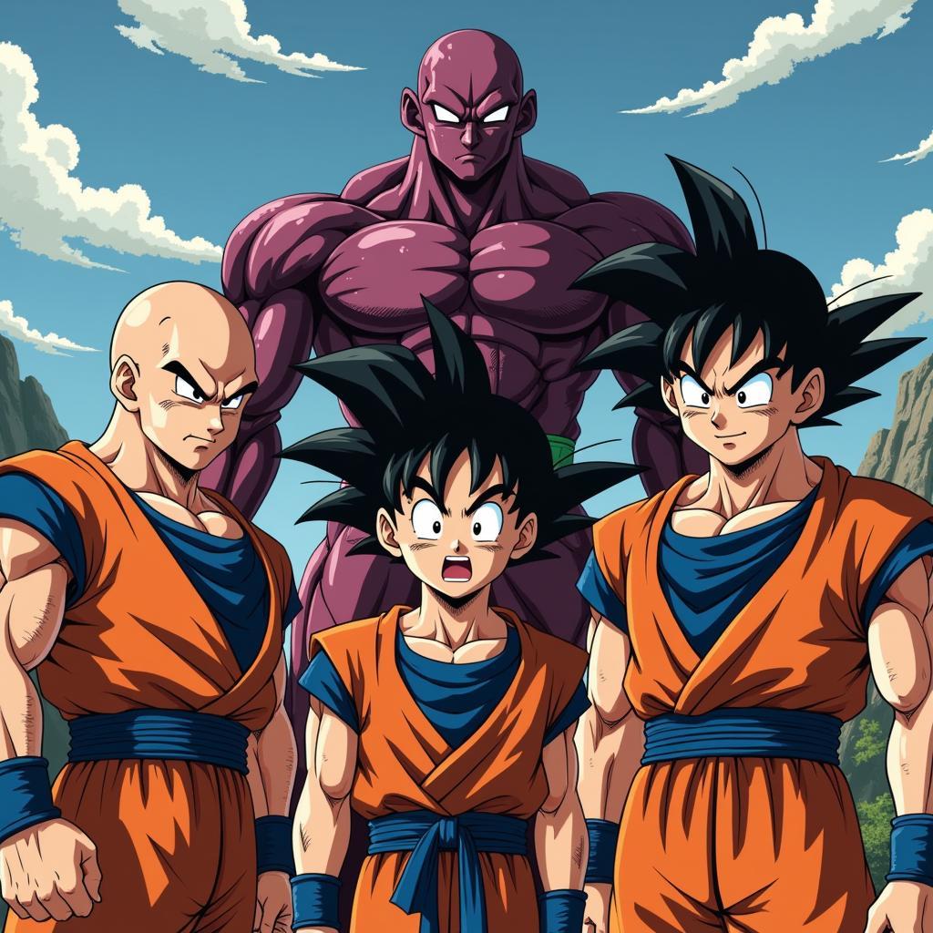 The remaining Z Fighters, battered and weary, stand defiantly against a towering Evil Goku