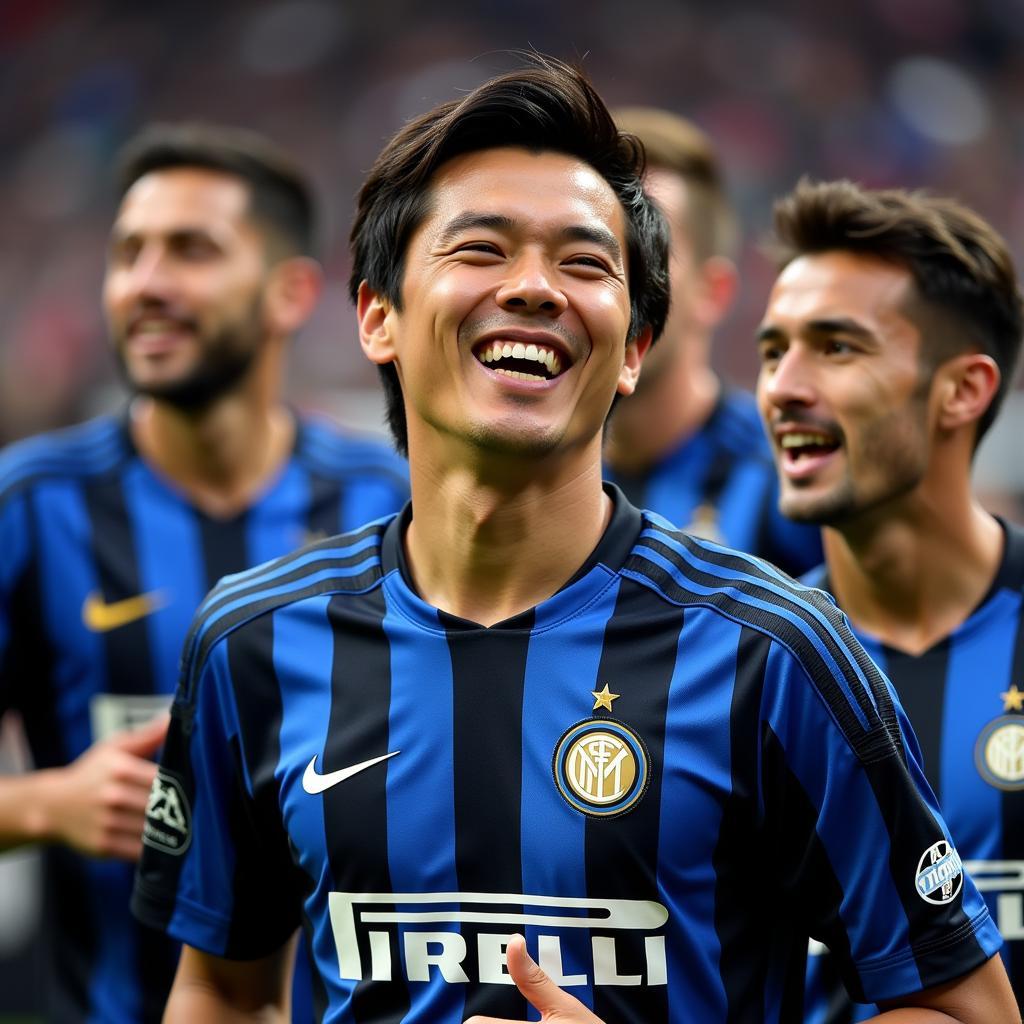 Zhang Jindong celebrating with Inter Milan players